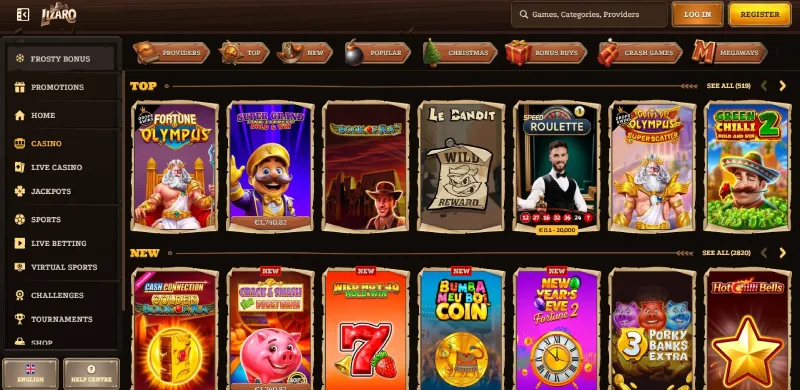 Screenshot van de hoofdpagina van Lizario Casino