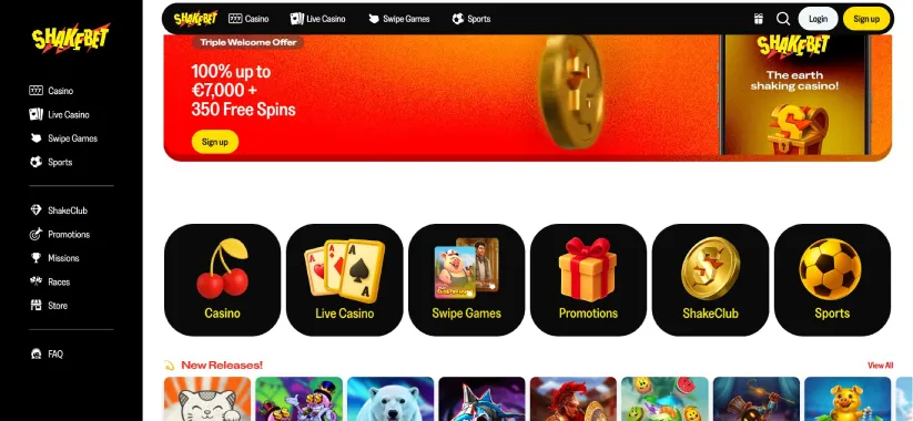 Screenshot van de hoofdpagina van Shakebet Casino