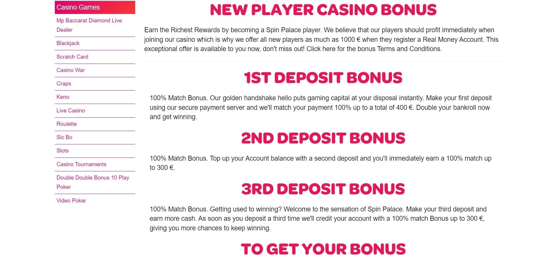 Spin Palace Casino Bonussen
