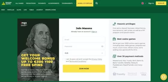 Officiële website van het Mason Slots Casino