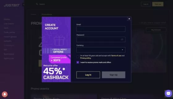 Justbit Casino registration