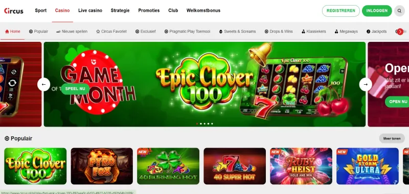 Screenshot van de hoofdpagina van Circus Casino
