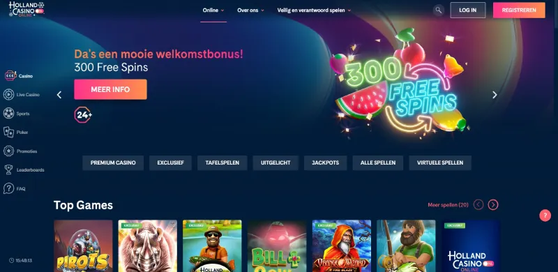 Screenshot van de hoofdpagina van Holland Casino