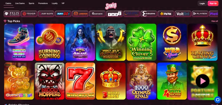 Screenshot van de casinopagina van Spinko Casino
