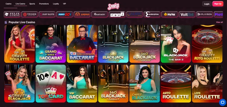 Screenshot van de live casino pagina van Spinko Casino