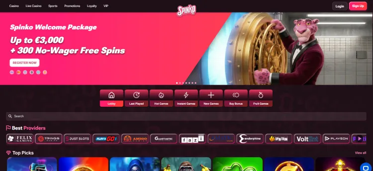 Screenshot van de hoofdpagina van Spinko Casino