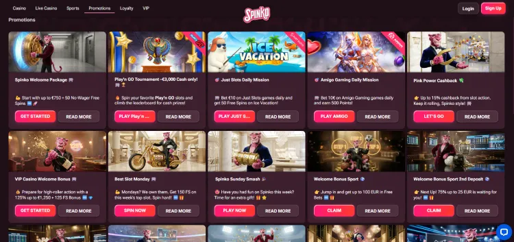 Screenshot van de bonuspagina van Spinko Casino