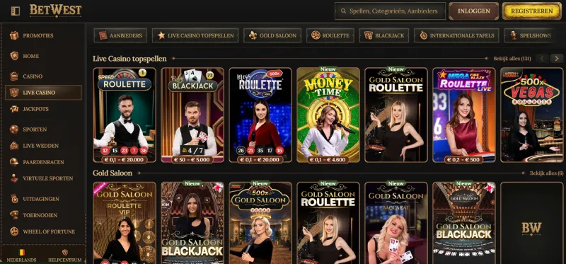 Screenshot van de live casino-pagina van BetWest