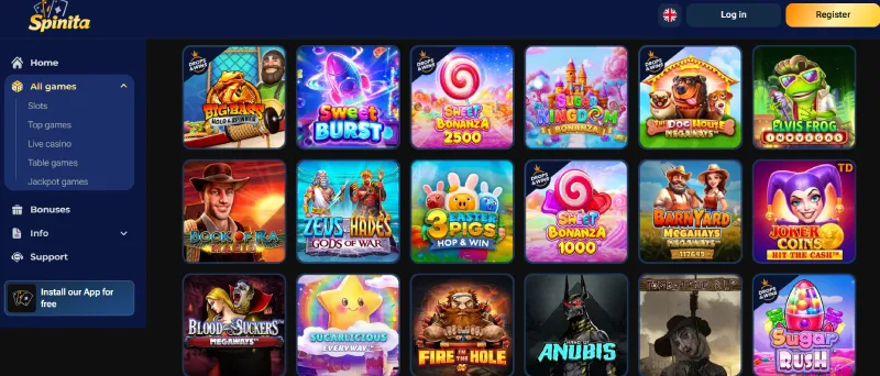 Screenshot van de Spinita Casino-pagina