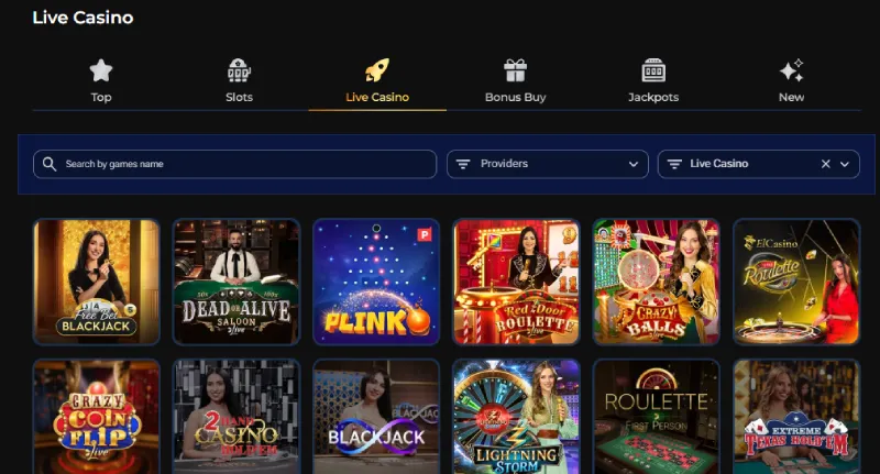 Screenshot van de Spinita Live Casino-pagina